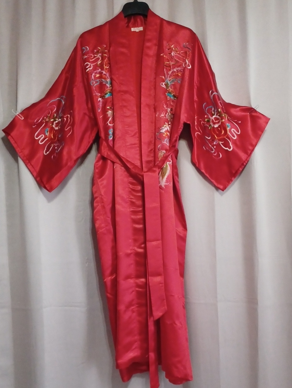 Plum Blossoms Vintage Embroidered Red Satin Kimono Robe Pheonix Dragon Size M